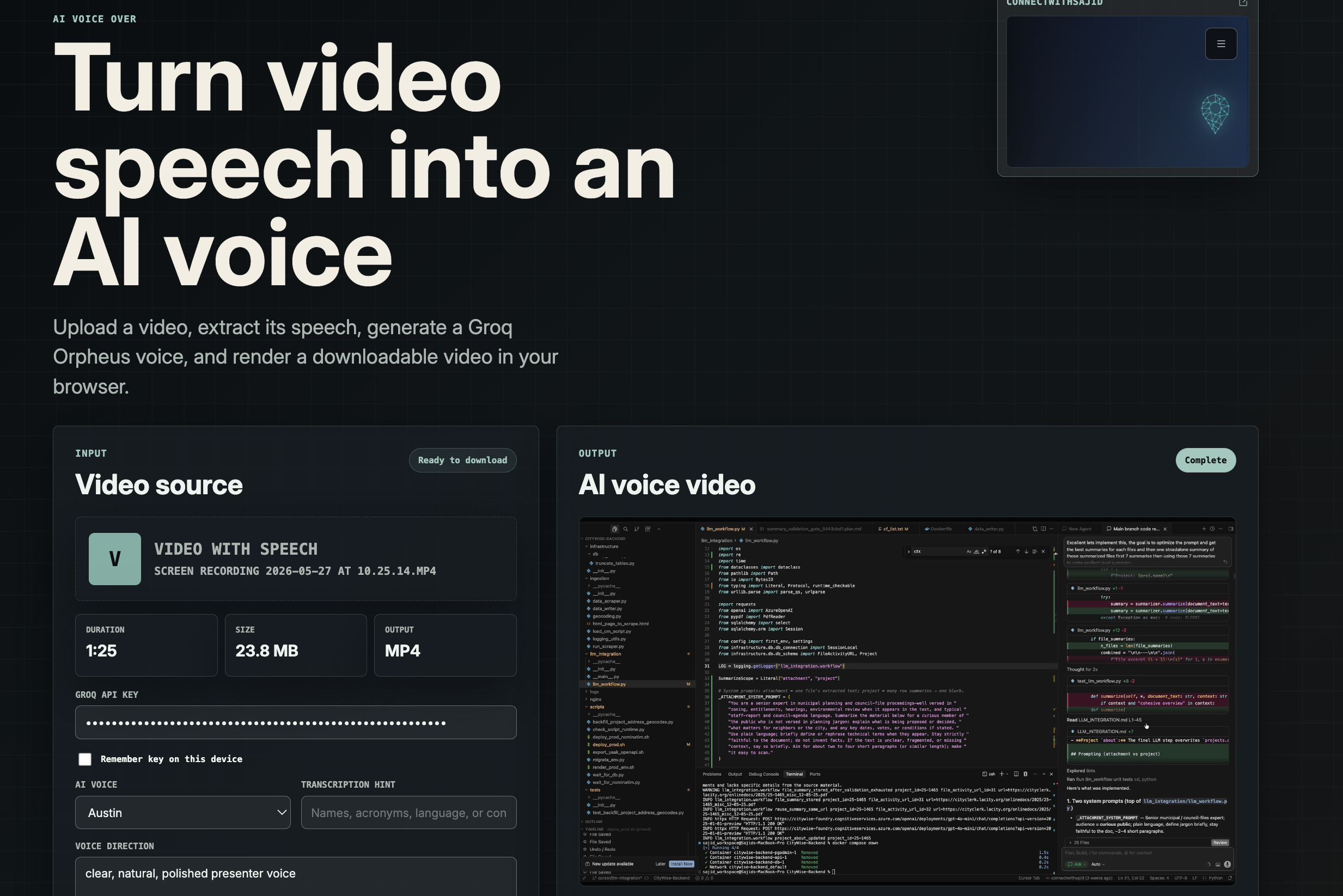 AI Voice Over app screenshot showing video upload, Groq voice generation controls, and rendered output preview