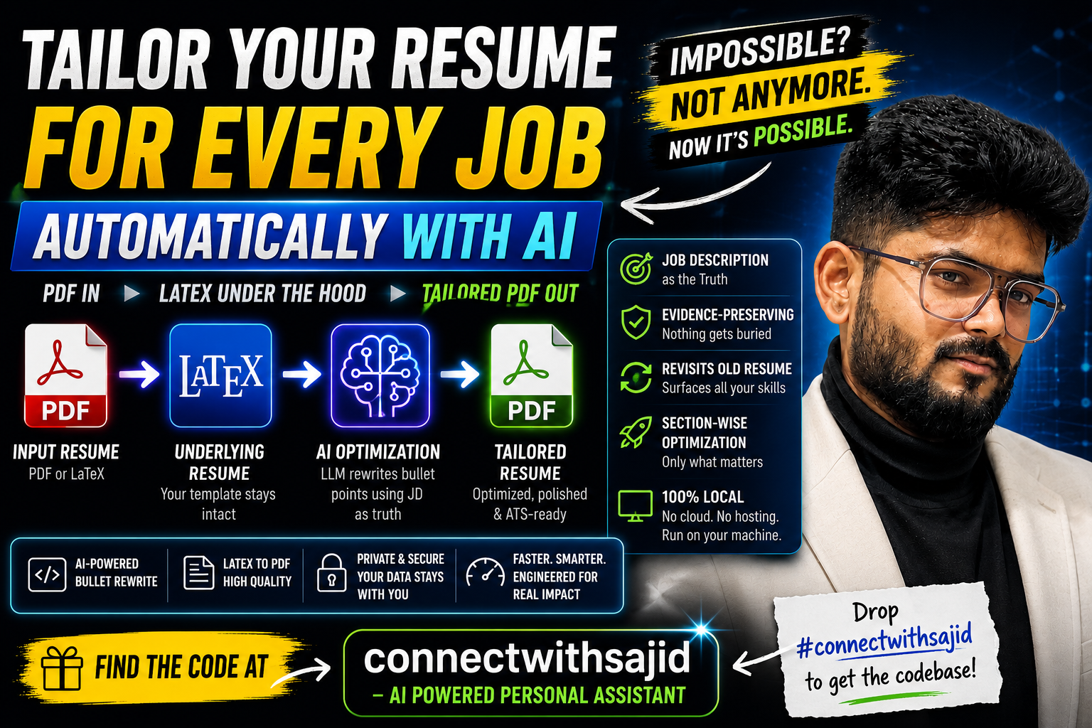 Resume Optimizer thumbnail showing PDF to LaTeX to AI to tailored PDF workflow